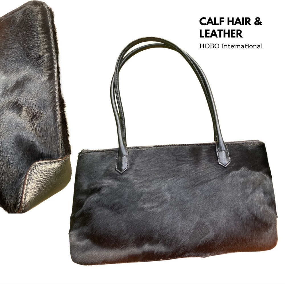 Calf Hair & Genuine Leather Handbag Shoulder Bag Purse Black HOBO International